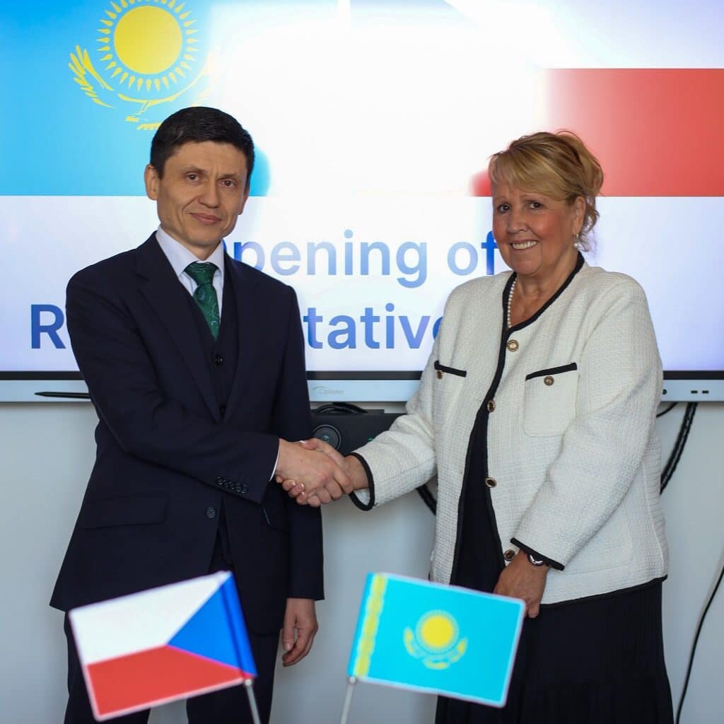 Prof. PaedDr. Radka Wildová, CSc. from UNYP welcomes Mr. Timur Akhmetzhanov, Counselor at the Embassy of the Republic of Kazakhstan in the Czech Republic on the occasion of the opening of the UNYP Representative Office in Almaty, Kazakhstan