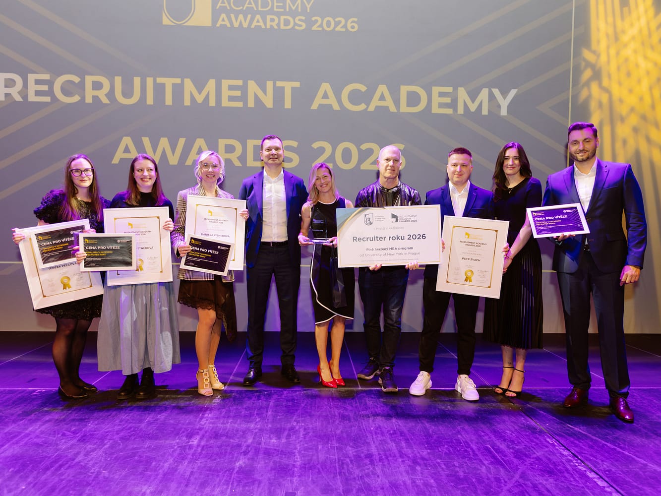 Winners and sponsors appear on stage at the Recruitment Academy Awards
